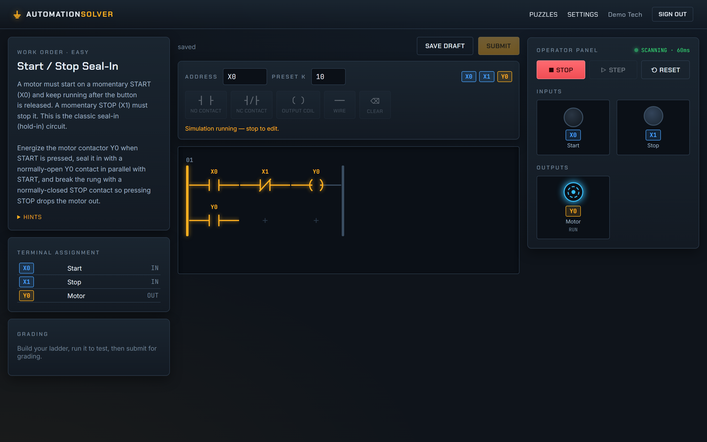 AutomationSolver in play: a work-order brief on the left, the ladder grid editor with an energized seal-in rung glowing amber in the center, and the operator panel with START/STOP inputs and a running motor output on the right.
