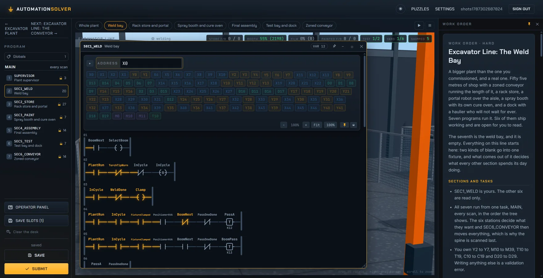The plant workspace: the seven-section program tree on the left with five sections padlocked read-only, the plant scene behind, and a floating window holding the weld bay's ladder, whose contacts are labelled PlantRun, TorchTipWorn, InCycle, FixtureClamped and PositionerAtA instead of raw addresses.