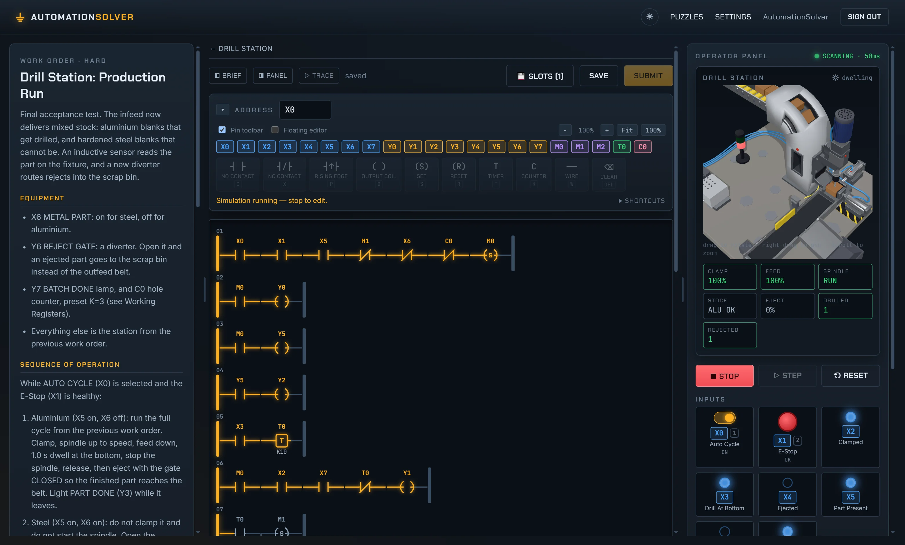 AutomationSolver in play: the work-order brief on the left, the ladder editor in the center with a seven-rung drill program glowing amber, and the operator panel on the right showing the 3D drill station and its live I/O.