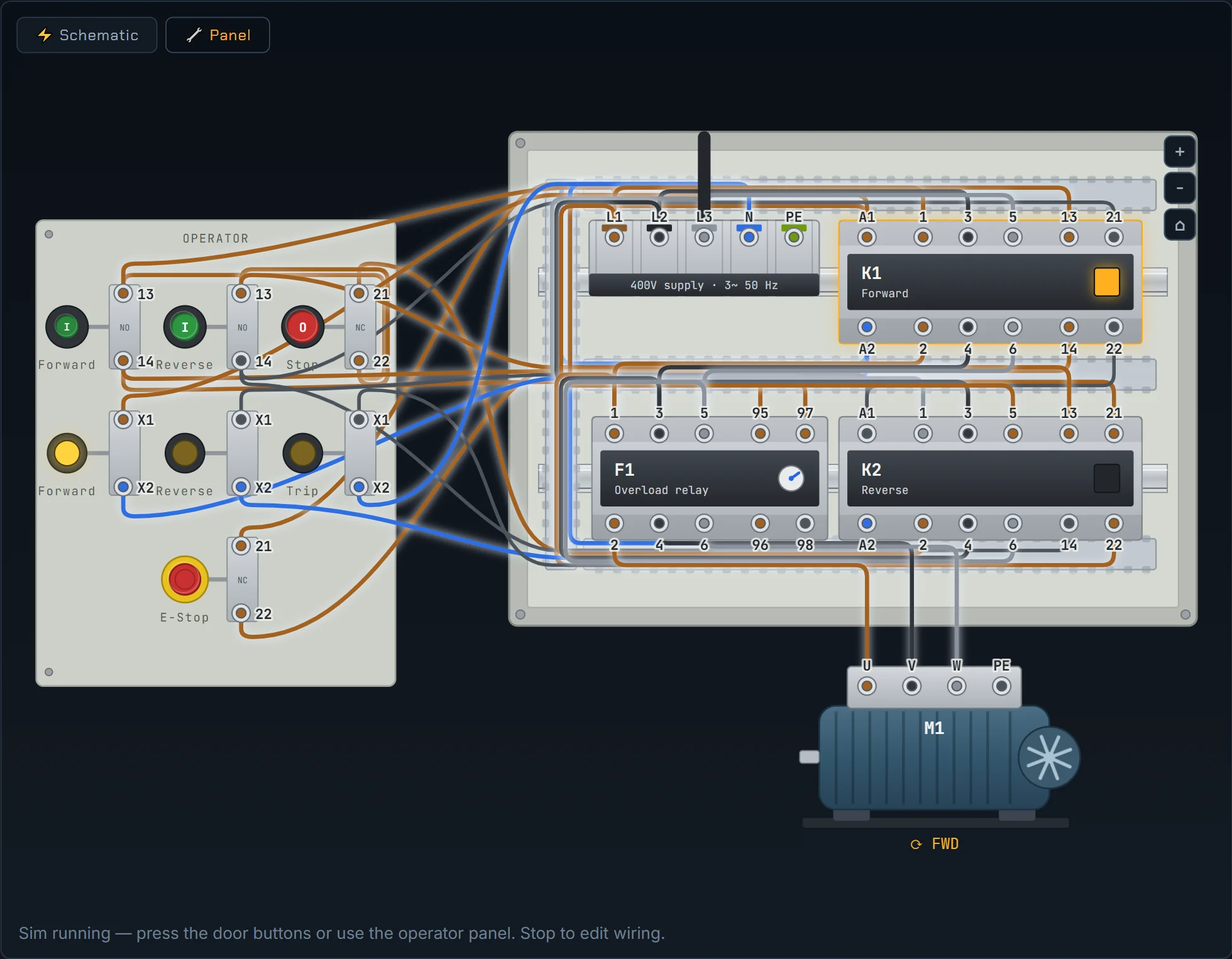 The panel view: an illustrated enclosure with DIN rails, wire ducts, contactors, a door strip of operators and a motor.