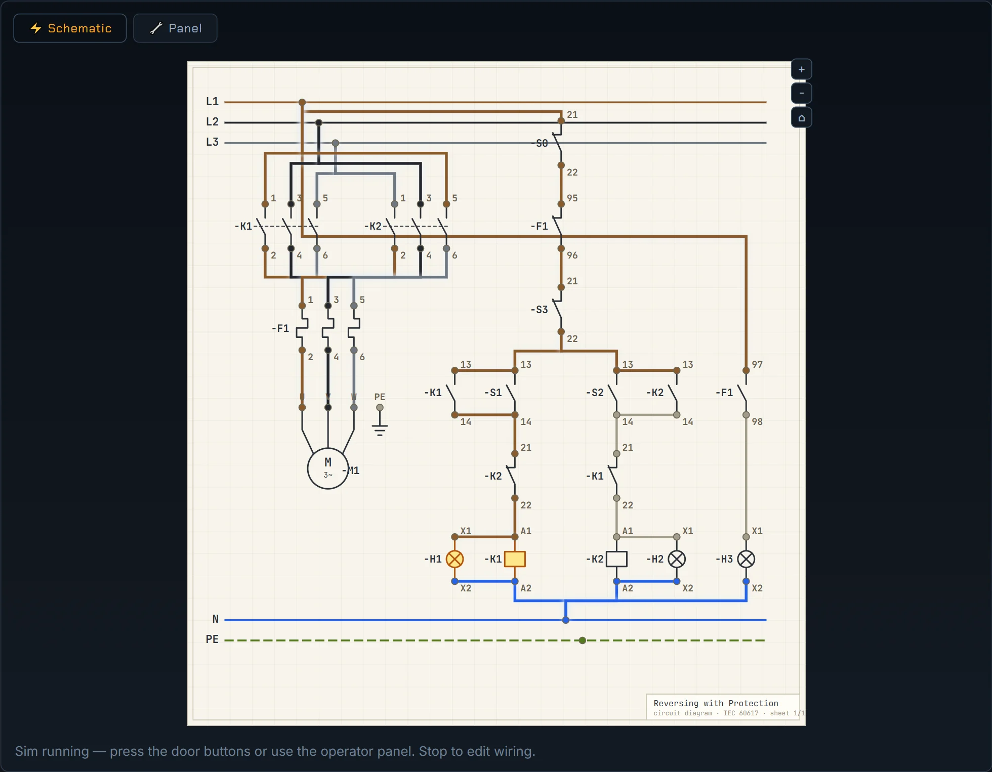 The schematic view: an IEC circuit diagram on white drawing paper, with supply rails, contactor coils and cross-referenced parts.
