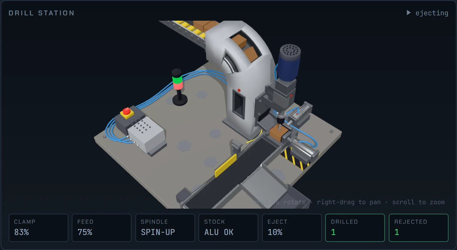 The 3D drill station: a clamped block under a spindle head, with a warning beacon, an eject pusher and a reject chute.