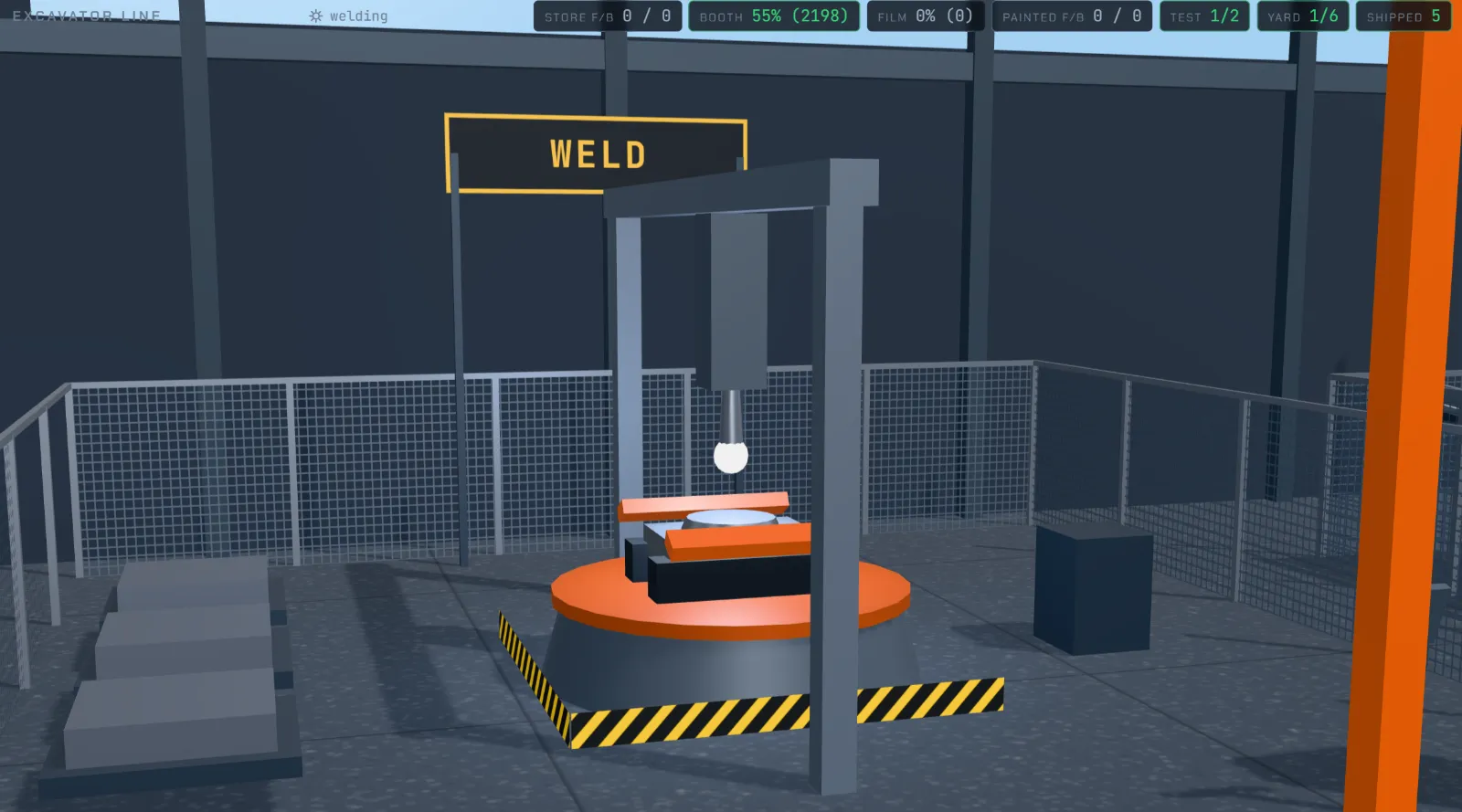 The weld bay on the excavator line: an excavator frame clamped to a rotating positioner under a torch that is striking an arc, inside a mesh-guarded cell with blanks stacked beside it.