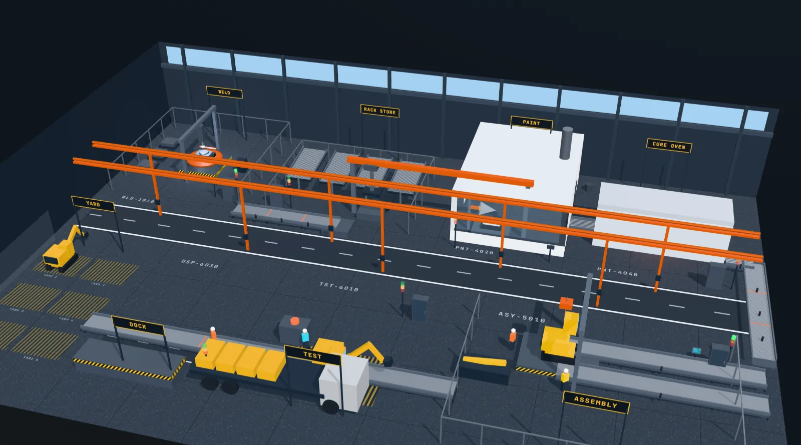 The whole excavator line in 3D: a signed shop floor running from the weld bay past the rack store, spray booth and cure oven to final assembly, a test bay, a dock with a loading truck and a yard of finished excavators, with an orange zoned conveyor running the length of the building.